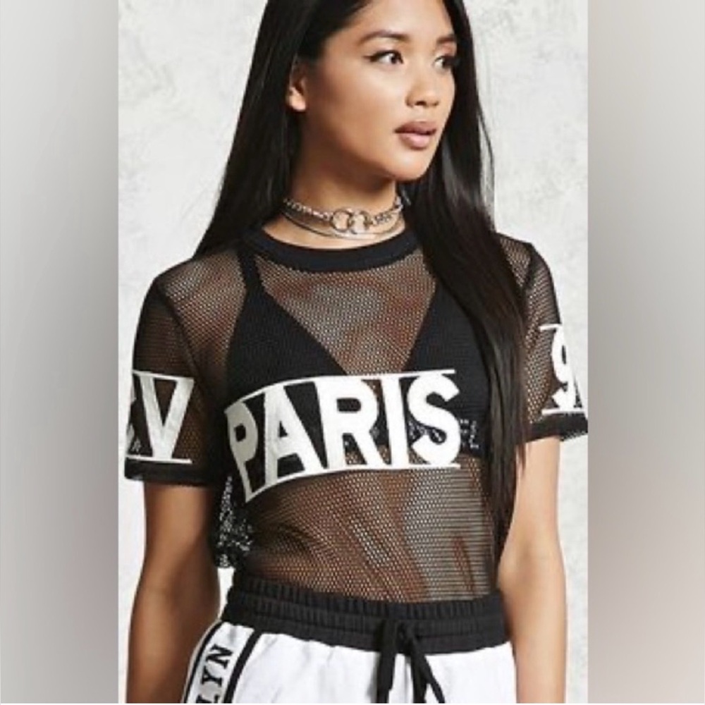 Forever 21 Black Mesh Paris Crop Top